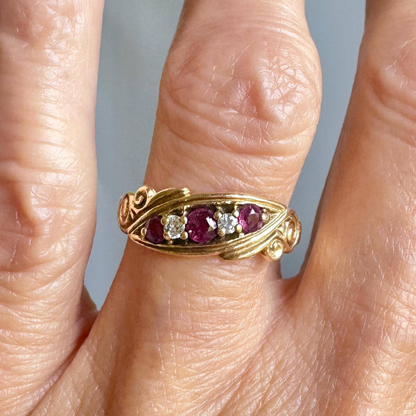 Antique 14K Gold Five Stone Diamond Ruby Ring Band - Boylerpf