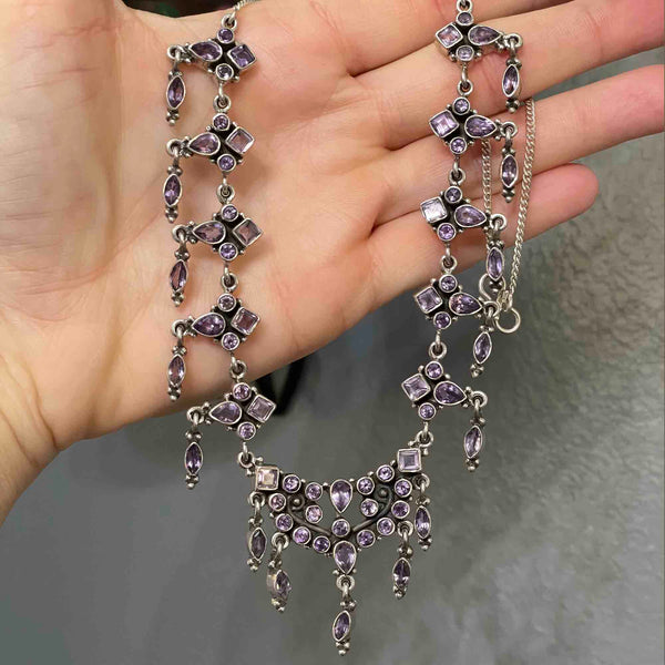 Vintage Art Deco Style Silver Amethyst Waterfall Bib Necklace - Boylerpf