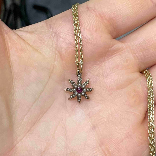 Antique 14K Gold Pearl Ruby Star Charm Pendant Necklace - Boylerpf