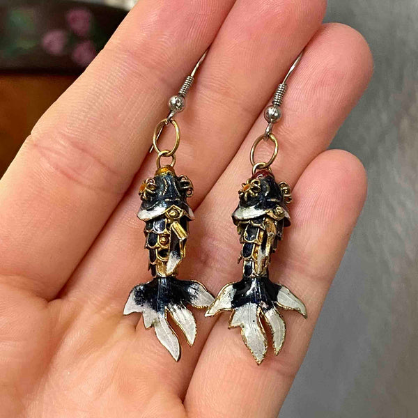 Vintage Gold Vermeil Blue Enamel Koi Fish Earrings - Boylerpf