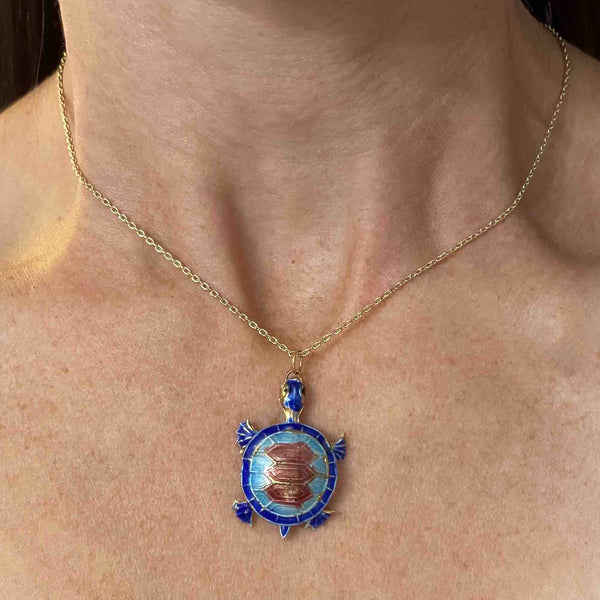 Vintage Blue Enamel Articulated Turtle Pendant Necklace - Boylerpf