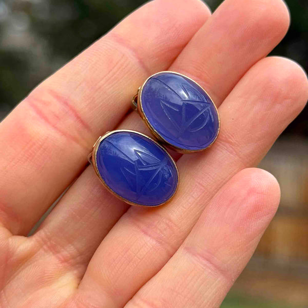 Vintage Blue Chalcedony Scarab Clip On Earrings - Boylerpf