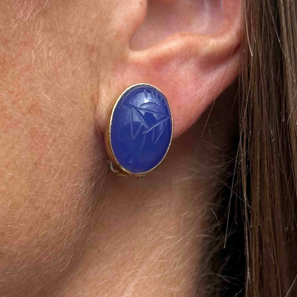 Vintage Blue Chalcedony Scarab Clip On Earrings - Boylerpf