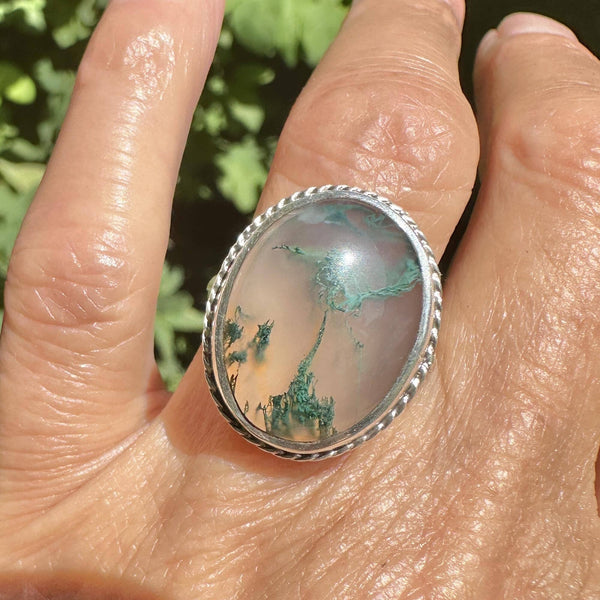 English Silver Large Oval Cabochon Moss Agate Ring - Boylerpf