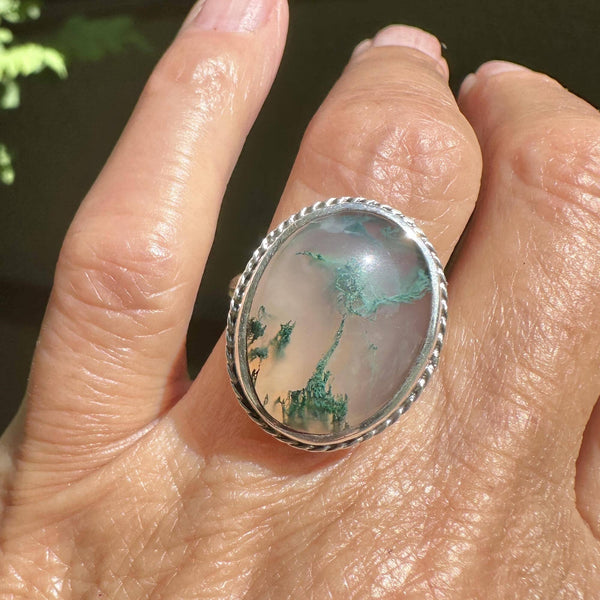 English Silver Large Oval Cabochon Moss Agate Ring - Boylerpf