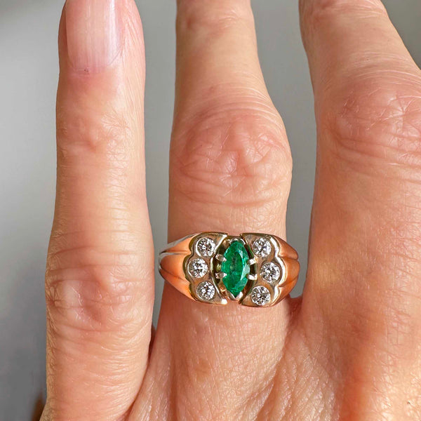 Vintage Marquise Emerald Diamond Ring in 14K Gold - Boylerpf