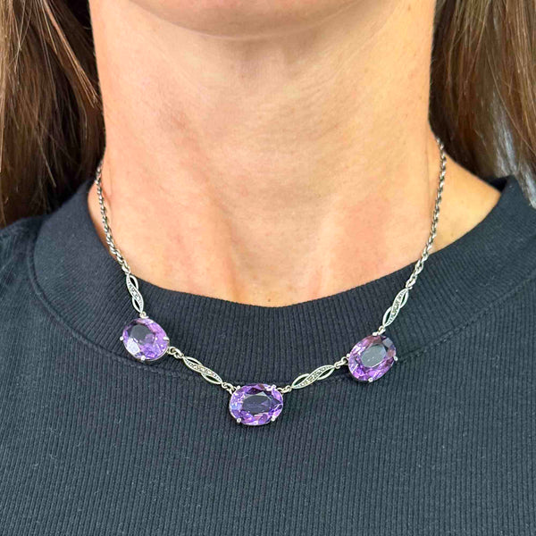 Art Deco Style Sterling Silver Amethyst Marcasite Necklace - Boylerpf