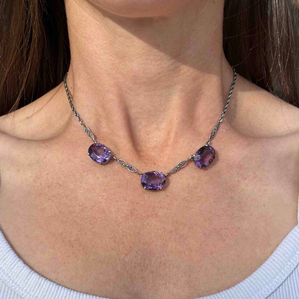 Art Deco Style Sterling Silver Amethyst Marcasite Necklace - Boylerpf