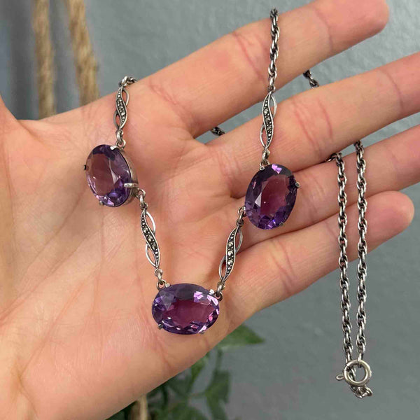 Art Deco Style Sterling Silver Amethyst Marcasite Necklace - Boylerpf