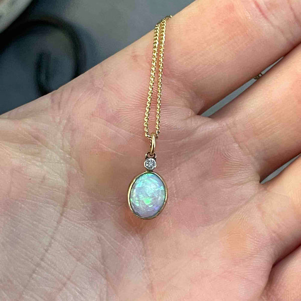 14K Gold Antique Opal Diamond Charm Pendant Necklace - Boylerpf