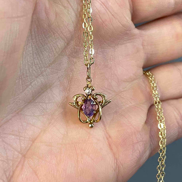 Antique Edwardian 14K Gold Diamond Amethyst Pendant Necklace - Boylerpf