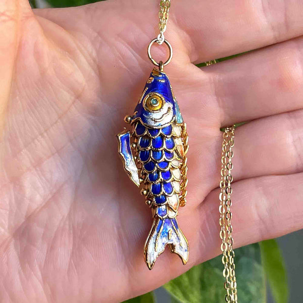 Vintage Gold Vermeil Blue Enamel Koi Articulated Fish Necklace - Boylerpf