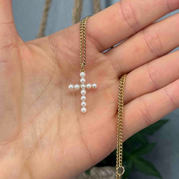 14K Gold Cultured Pearl Cross Charm Pendant Necklace - Boylerpf