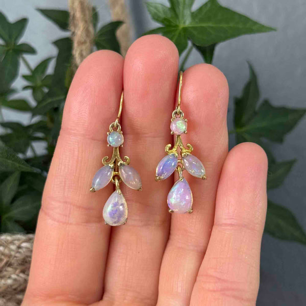 Vintage Art Deco Style Ethiopian Jelly Opal Leaf Drop Earrings - Boylerpf
