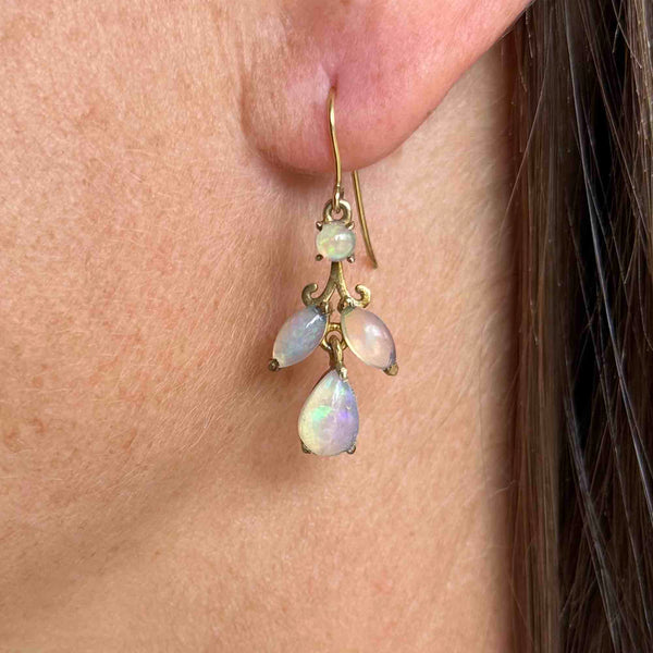 Vintage Art Deco Style Ethiopian Jelly Opal Leaf Drop Earrings - Boylerpf