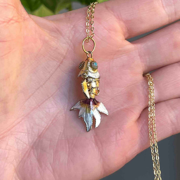 White Yellow Enamel Articulated Koi Fish Charm Pendant Necklace - Boylerpf