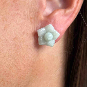 14K Gold Carved Moss in Snow Jade Lotus Flower Jacket Earrings - Boylerpf