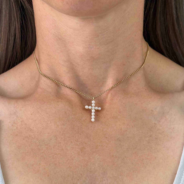 14K Gold Cultured Pearl Cross Charm Pendant Necklace - Boylerpf
