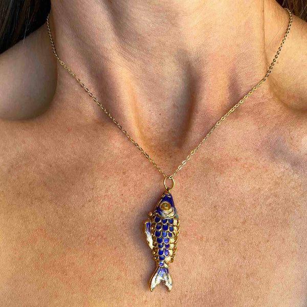 Vintage Gold Vermeil Blue Enamel Koi Articulated Fish Necklace - Boylerpf