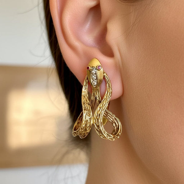 Vintage 18K Gold Snake Earrings, Diamonds Ruby Eyes - Boylerpf