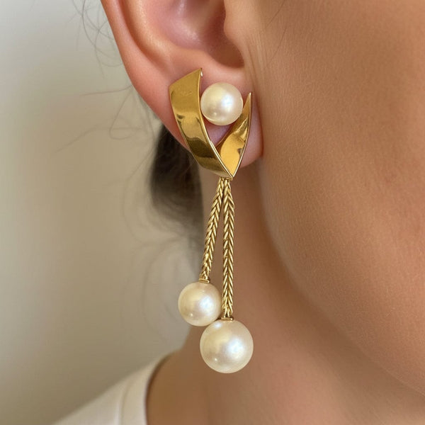 Vintage Akoya Pearl Drop Earrings, 14K Gold Omega Back French - Boylerpf