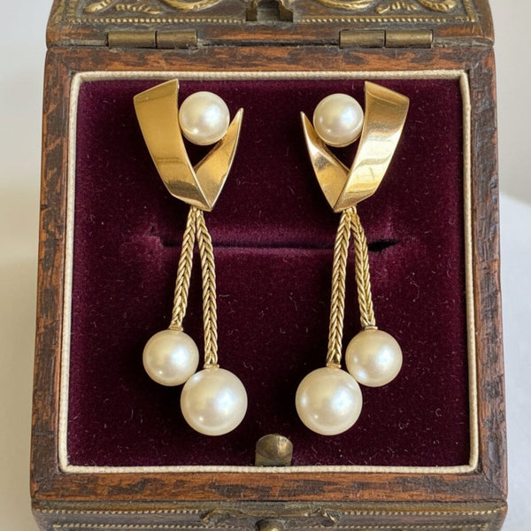 Vintage Akoya Pearl Drop Earrings, 14K Gold Omega Back French - Boylerpf
