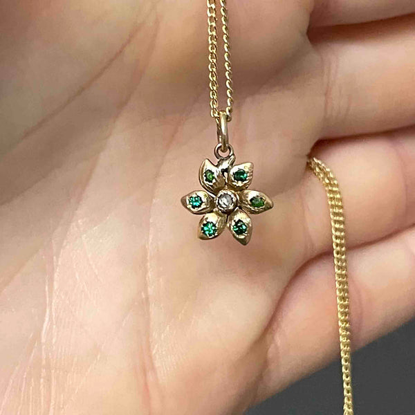 Antique 14K Gold Diamond Emerald Flower Charm Pendant Necklace - Boylerpf