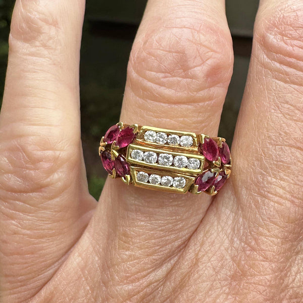 18K Gold Three Row Diamond Marquise Ruby Ring, 1940s - Boylerpf