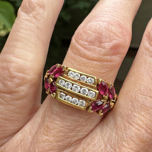 18K Gold Three Row Diamond Marquise Ruby Ring, 1940s - Boylerpf