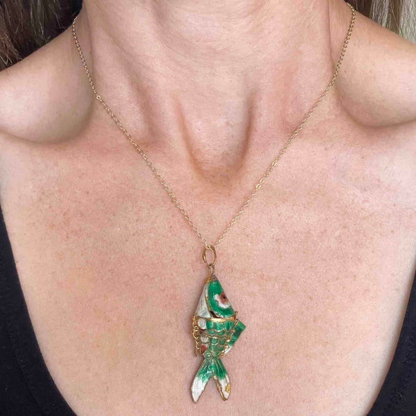 Vintage Articulated Green Enamel Koi Fish Pendant Necklace - Boylerpf