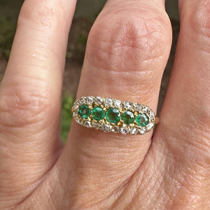 Antique 14K Gold Rose Cut Diamond Halo Emerald Ring, East West - Boylerpf