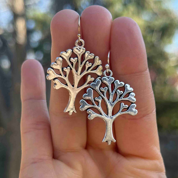 Vintage Silver Tree of Life Heart Leaf Earrings - Boylerpf