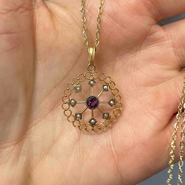 Art Nouveau 10K Gold Amethyst Seed Pearl Lavaliere Necklace - Boylerpf