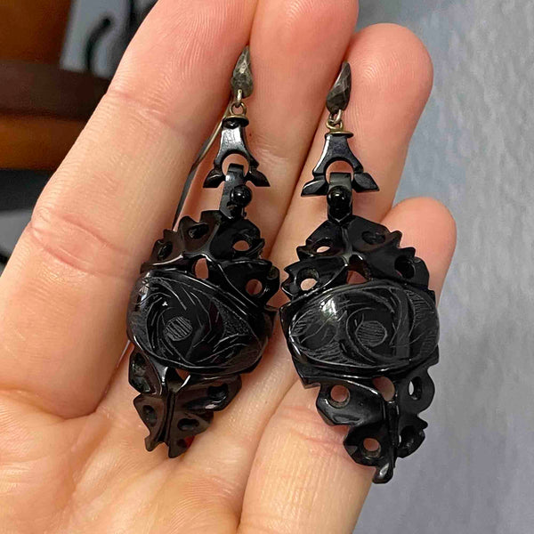 Antique Carved Whitby Jet Victorian Mourning Earrings