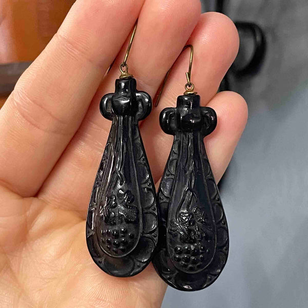 Antique Victorian Grapevine Carved Whitby Jet Drop Earrings - Boylerpf