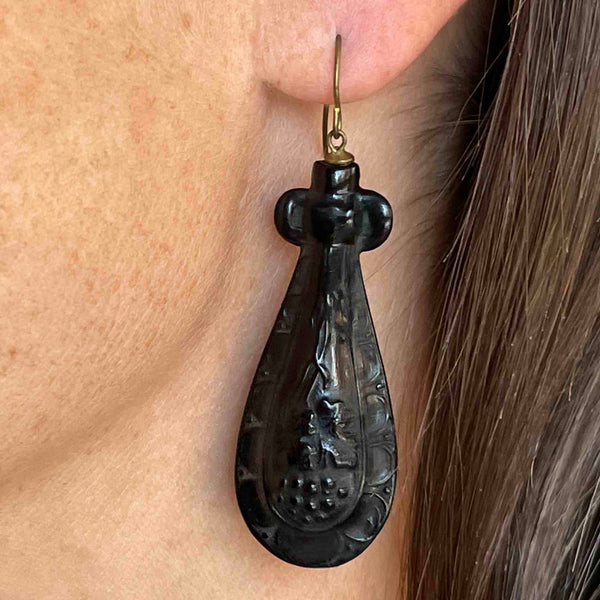 Antique Victorian Grapevine Carved Whitby Jet Drop Earrings - Boylerpf