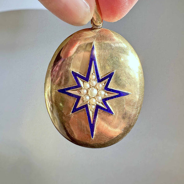 Blue Enamel Starburst Pearl Antique 14K Gold Locket - Boylerpf