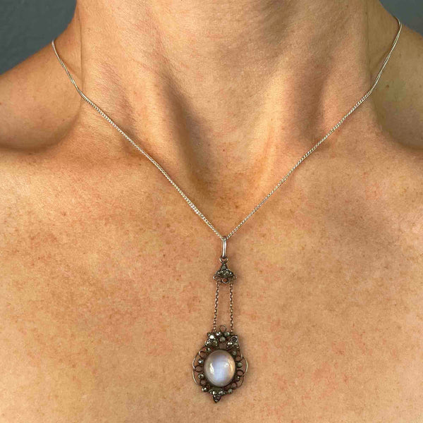 Silver Art Deco Marcasite Moonstone Cabochon Pendant Necklace - Boylerpf