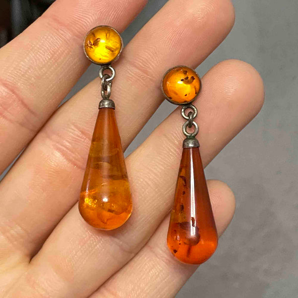 Vintage Art Deco Style Silver Baltic Amber Drop Earrings