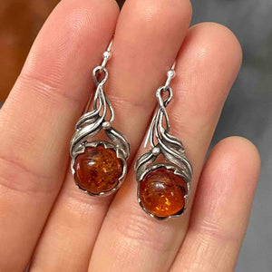 Arts and Crafts Style Silver Natural Baltic Amber Drop Earrings - Boylerpf