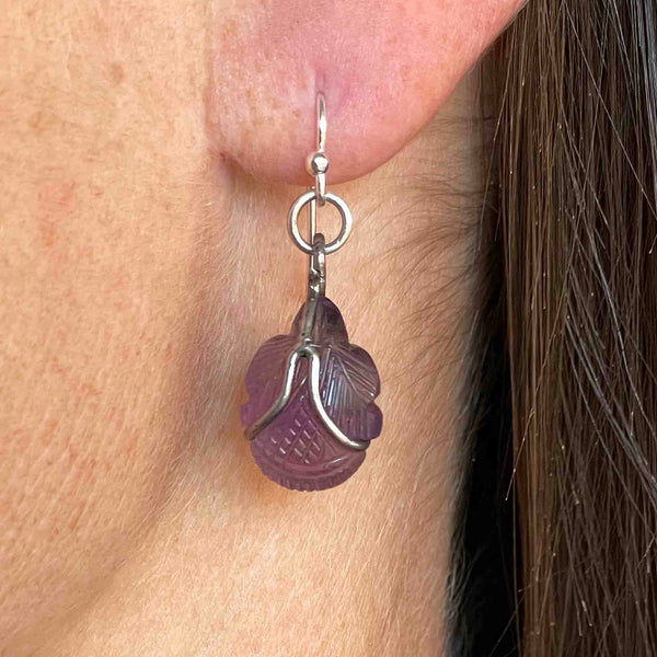 Silver Carved Amethyst Cabochon Bug Leaf Drop Earrings - Boylerpf