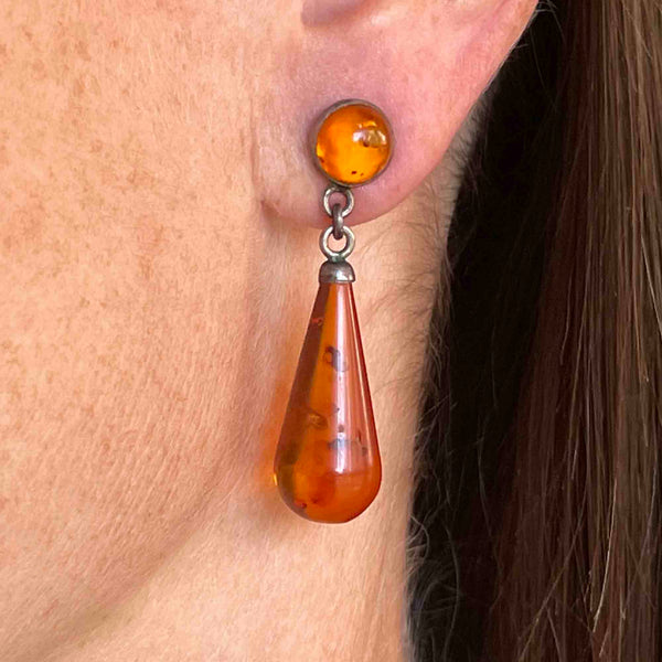 Vintage Art Deco Style Silver Baltic Amber Drop Earrings