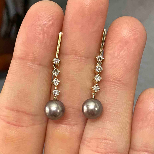 Fine 14K Gold Diamond Gray Pearl Dangle Earrings - Boylerpf