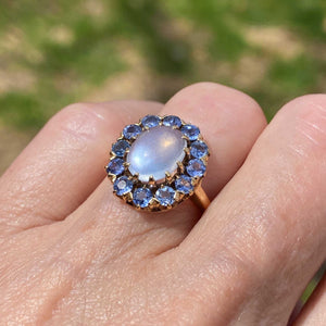 Antique Blue Sapphire Halo Moonstone Ring in Gold - Boylerpf