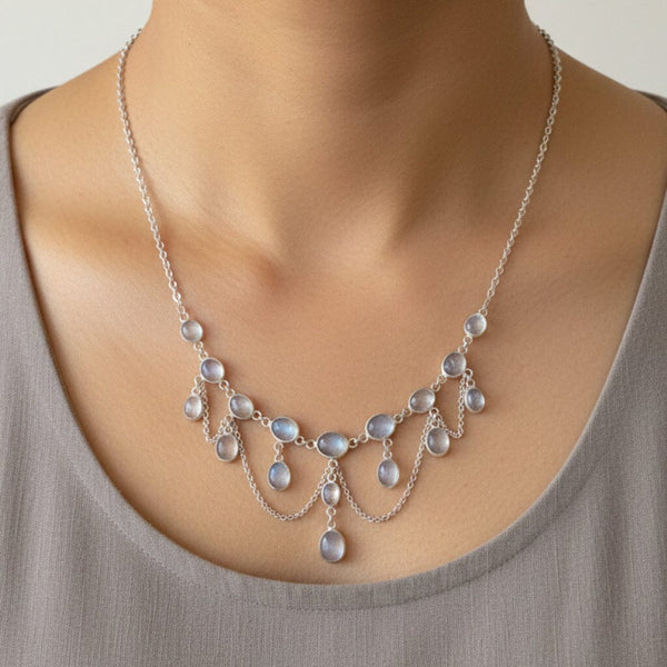 Edwardian Moonstone Fringe Necklace Silver Festoon - Boylerpf
