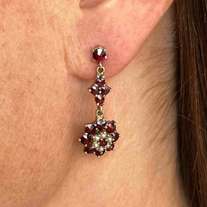 Vintage Floral Seed Pearl Garnet Stud Drop Earrings - Boylerpf