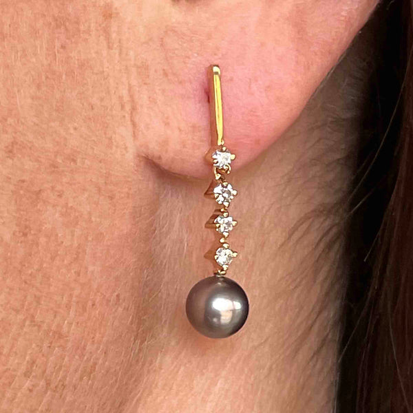 Fine 14K Gold Diamond Gray Pearl Dangle Earrings - Boylerpf