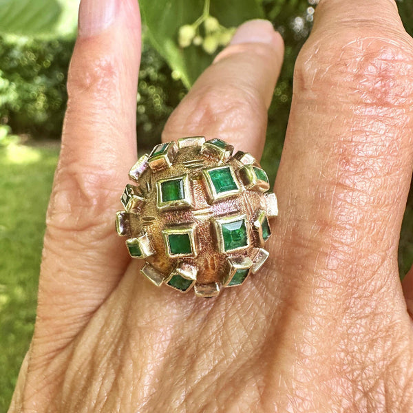 Vintage Mid Century 18K Gold Dome Emerald Sputnik Ring - Boylerpf