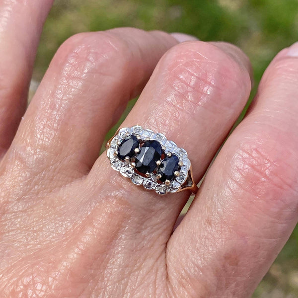 Diamond Halo Three Stone Sapphire Ring in Gold - Boylerpf