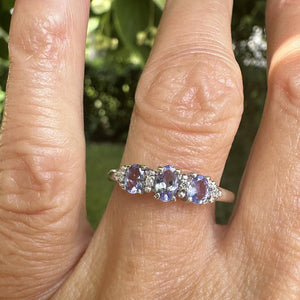 Diamond Three Stone Tanzanite Ring Band in White Gold - Boylerpf